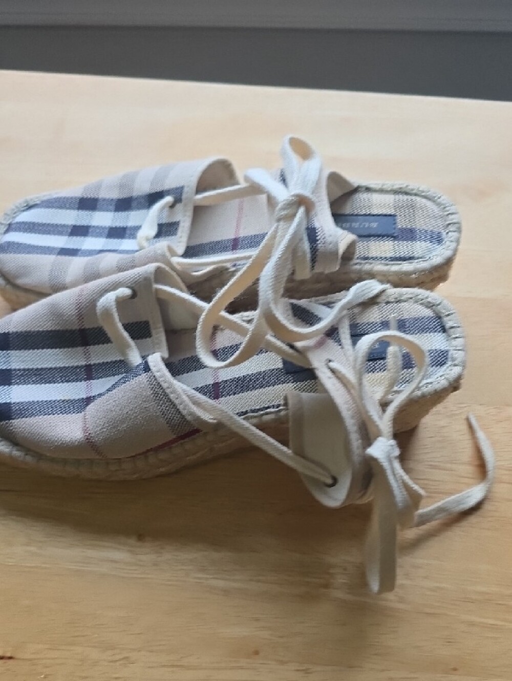Burberry Plaid Espadrille Lace-Up Sandals in Beige and Navy - Picture 3 of 11